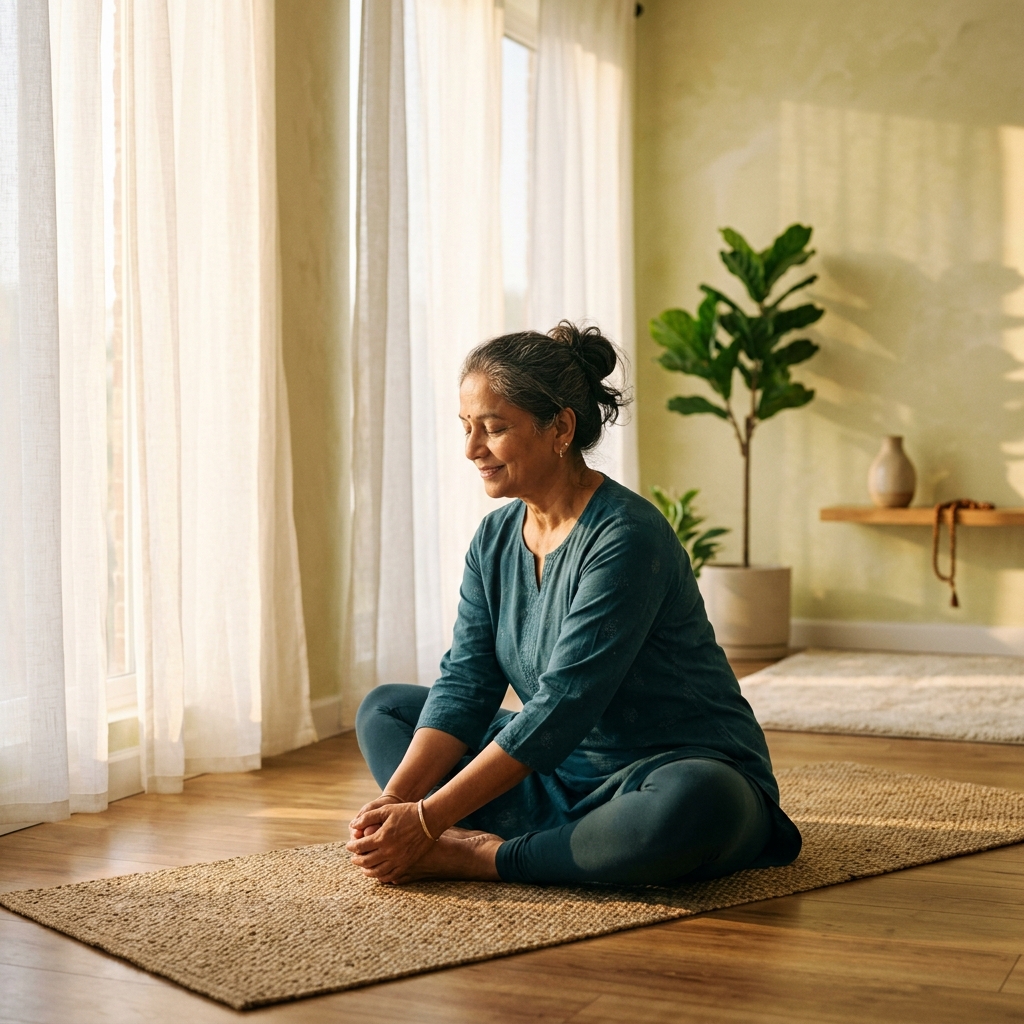 Senior woman practicing gentle yoga at sunrise