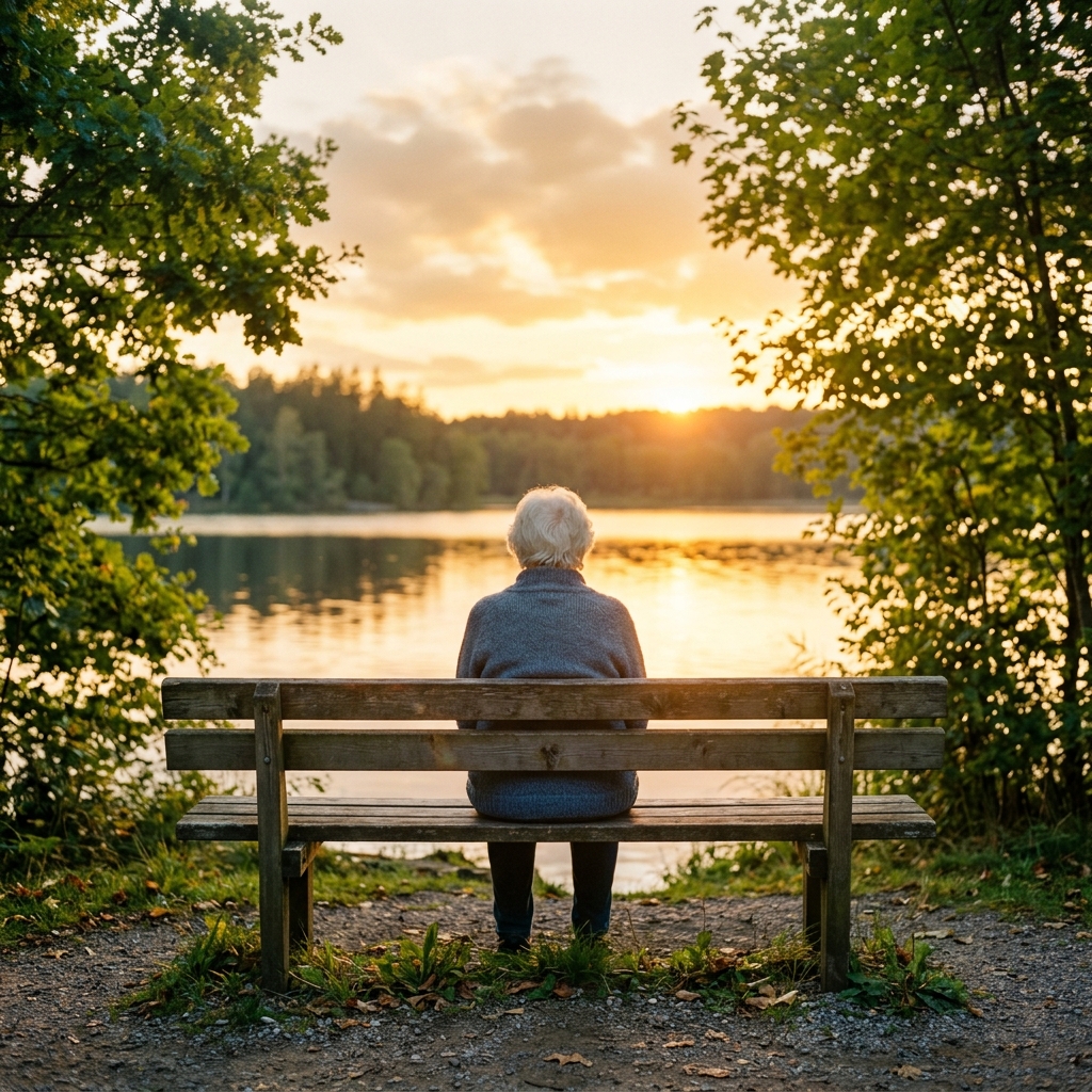 Person sitting peacefully on a bench at sunset