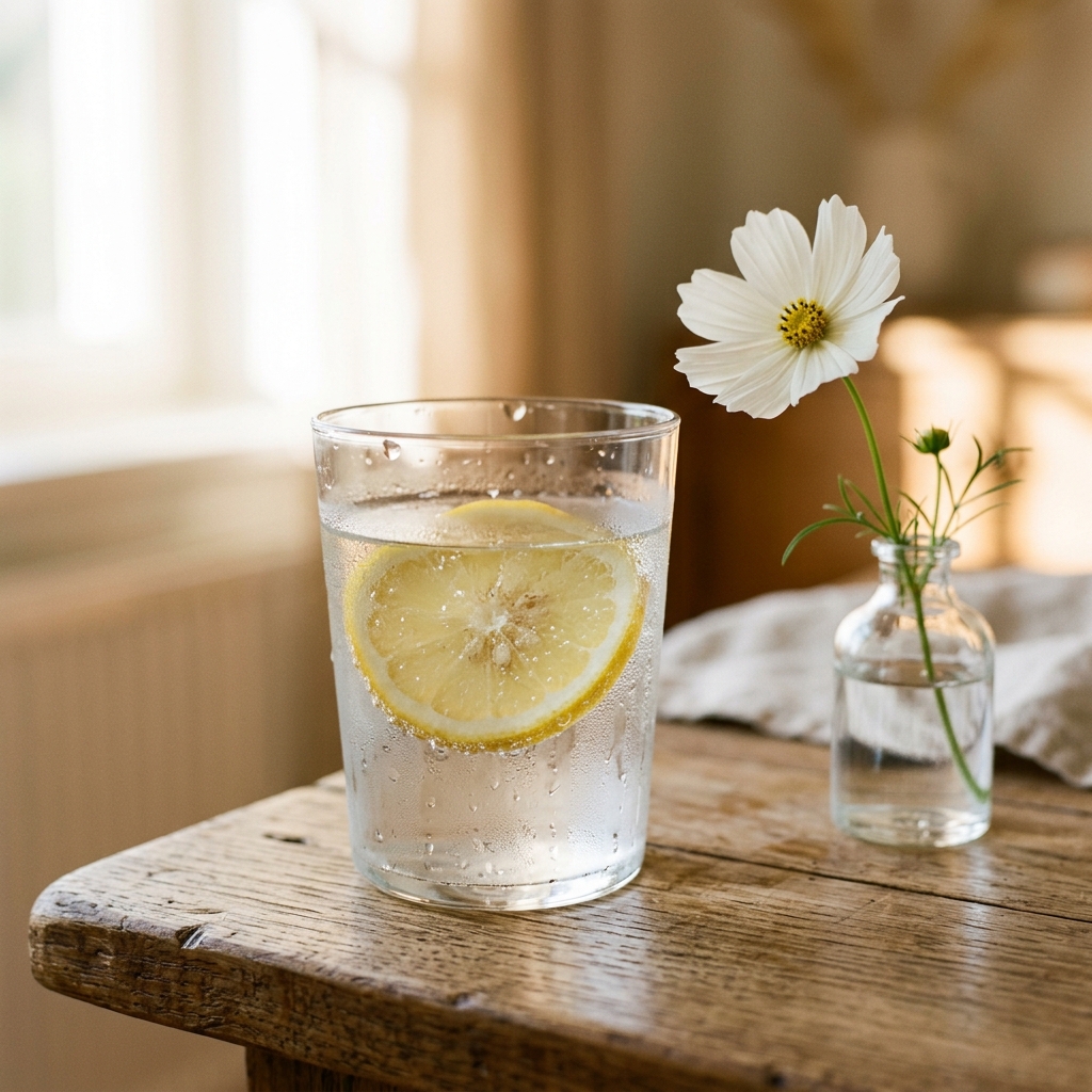 Glass of fresh water with lemon